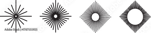 STRAIGHT RADIAL LINE IN RHOMBUS SHAPES, SET OF DIMOND SHAPED SUNBURST ICONS, SOLAR SIGNS. RADIANCE, SPIN, EXPLOSION OR FIREWORK SYMBOLS ISOLATED ON WHITE BACKGROUND. VECTOR GRAPHIC ILLUSTRATION