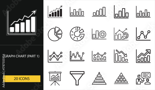 Graph chart icons with bar, pie, line, and pyramid charts for business analytics, finance, and data visualization projects