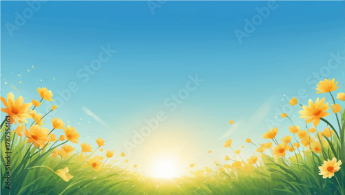 Summer landscape with grassy meadow under sunny sky and trees