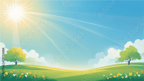 Summer landscape with grassy meadow under sunny sky and trees