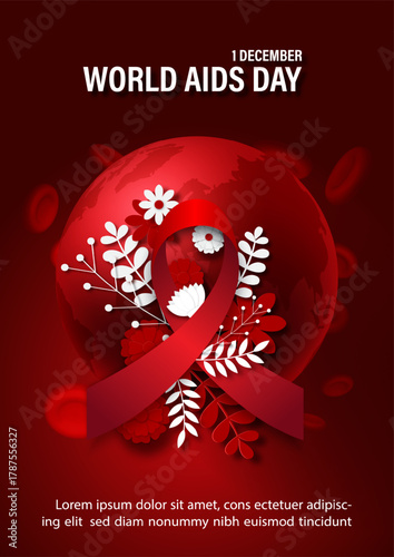 Red ribbon with decorated plants and wording of event on global and red blood cells with red background. World AIDS day poster's campaign in paper cut and 3d style with vector design.