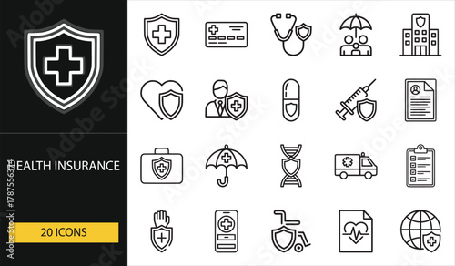 Health insurance icons representing protection, coverage, doctor, hospital, and care. Ideal for finance, policy, and medical visuals