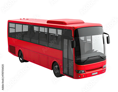 Bright red passenger bus on solid black background, angled view