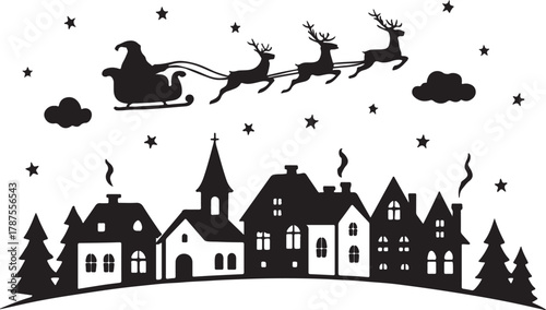 Charming winter village scene with santa claus flying in sleigh silhouette vector