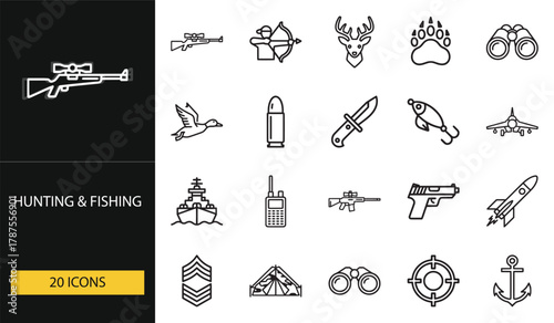 Hunting and fishing icons featuring rifle, bow, deer, knife, fish, and gear. Perfect for outdoor, adventure, and sporting design projects