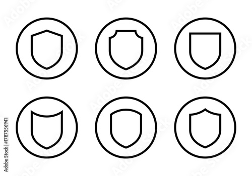 Defense shield outline icon set in circular line. Security and protection symbol