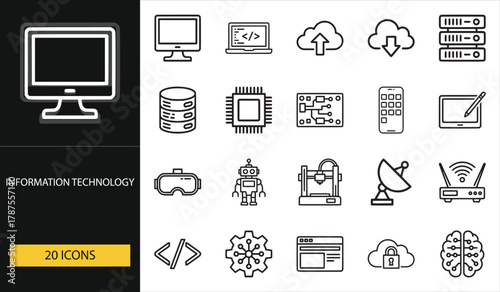 Information technology icon set including computer, cloud, AI, coding, and data. Perfect for IT, web, and digital transformation visuals