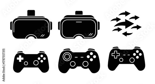 Immersive virtual reality headset and dynamic game controllers represent modern digital entertainment and gaming experiences.