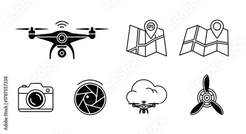 Modern drone technology icons including aerial camera, GPS map, and propeller for navigation and photography projects