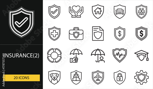 Comprehensive insurance icon pack showing life, home, health, travel, and pet coverage. Ideal for finance, security, and safety projects