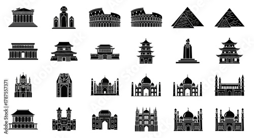Discover iconic global landmarks and architectural marvels beautifully rendered as striking black and white silhouette icons perfect for travel or history projects.