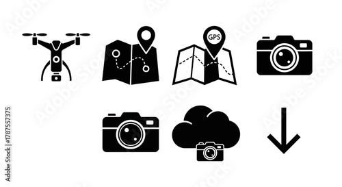 Modern drone, maps, cameras, cloud storage, and download icons representing travel, technology, and data management for digital projects