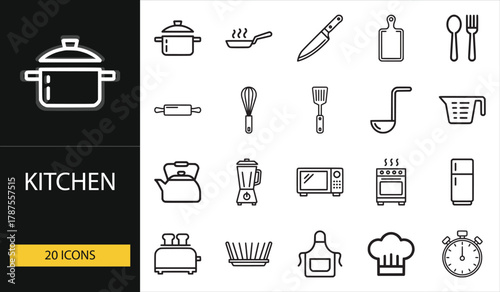Kitchen icon set including cookware, utensils, and appliances. Perfect for recipe design, restaurant branding, and culinary visuals