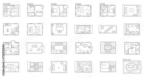 Diverse architectural floor plans and elevations showcasing modern home layouts, interior designs, and construction details for creative projects.