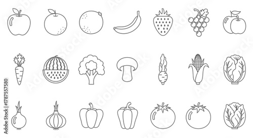 Vibrant collection of fresh fruit and vegetable icons perfect for healthy eating guides, recipes, and dietary information visuals