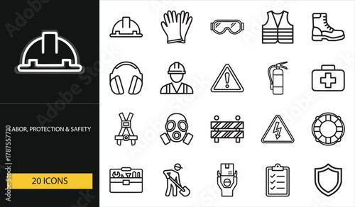 Labor and safety icons showing helmets, gloves, tools, and warning signs. Ideal for construction, industry, and workplace safety visuals
