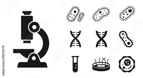 Discover the microscopic world with this dynamic collection of science icons featuring microscopes, DNA, and various microorganisms for innovative research and educational projects.