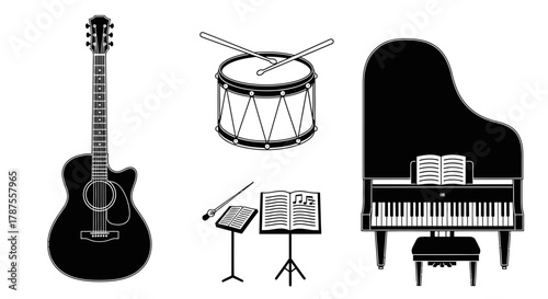Captivating collection of iconic musical instruments including a grand piano, acoustic guitar, and drum set, perfect for creative projects.