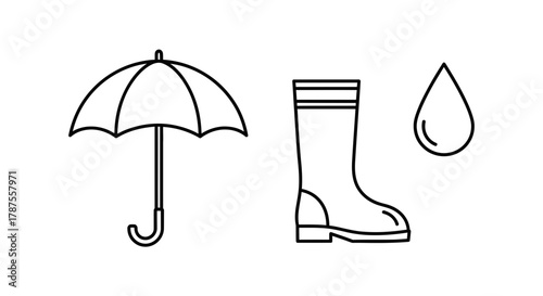 Umbrella, rain boot, and water drop icons ready for weather protection and outdoor adventures