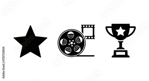 Celebrate cinematic achievements with a star, film reel, and trophy icon set perfect for awards or entertainment promotions