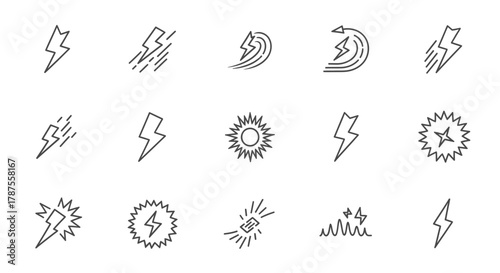 Dynamic lightning bolt and energy icons collection representing power, speed, and innovation for modern design projects and abstract concepts