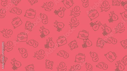Many scattered money icons on red background perfect for financial websites, blogs, designs, or presentations needing a financial concept.