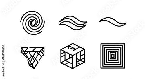Abstract geometric shapes and minimalist icons representing concepts like growth, flow, structure, and precision for modern branding and design projects.