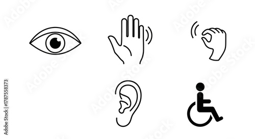 Essential accessibility symbols including an eye, ear, hand gestures, and wheelchair icon representing diverse human needs and inclusion.