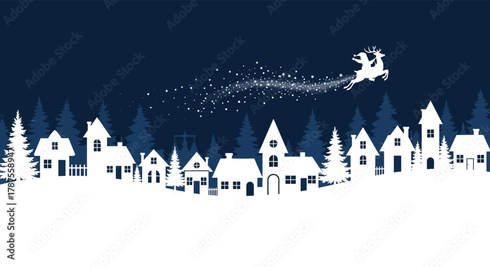 Naklejka premium Magical christmas eve scene with santa claus flying over a snowy village silhouette at night