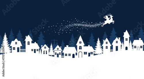 Magical christmas eve scene with santa claus flying over a snowy village silhouette at night