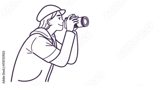 A single vector line art illustration of a photographer holding a professional camera with a telephoto lens, looking through the viewfinder