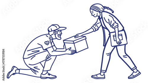 Delivery Service Man on One Knee Delivering Package to Woman, Emphasizing Customer Service and Care
