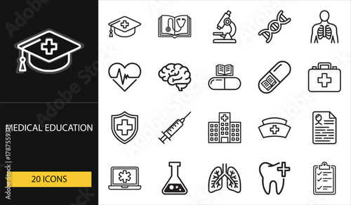 Medical education icons with graduation cap, DNA, microscope, and health symbols. Ideal for e-learning, universities, and healthcare training visuals