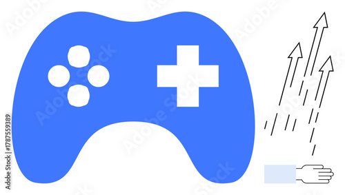 Blue game controller with cross-shaped and circular buttons. Hand releasing arrows upward, representing growth, progress, gaming experience. Ideal for gaming, technology, priorities, trends
