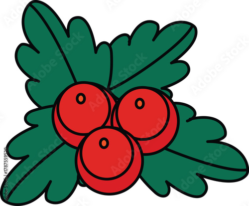 Classic Christmas holly berry icon with green leaves. A simple vector illustration of a traditional winter holiday plant decoration symbol