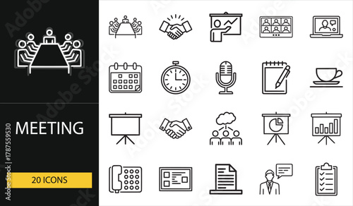 Meeting icons for teamwork, presentation, and business communication. Great for corporate design, office visuals, and workflow concepts