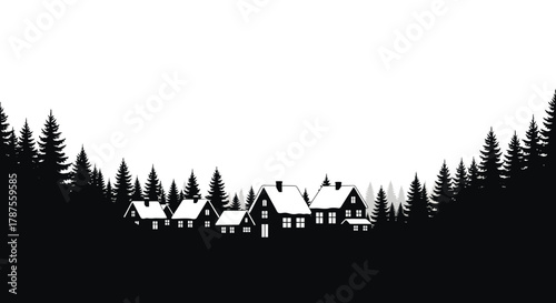 Silhouette of a charming village nestled amongst snow covered pine trees in a winter landscape