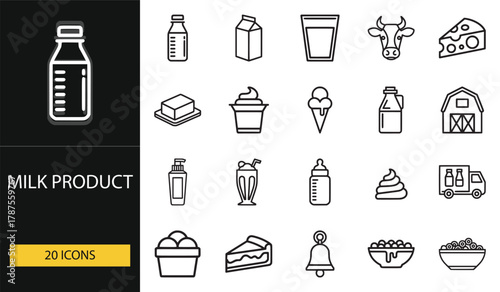 Milk product icons featuring bottle, cheese, butter, yogurt, and ice cream. Ideal for dairy branding, packaging, and food industry visuals