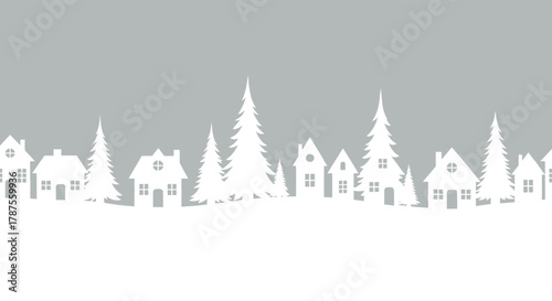 Whimsical white paper cut village silhouette with evergreen trees against a soft grey background