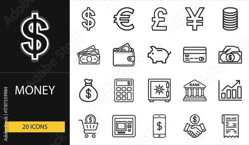 Money icons with currency, wallet, credit card, and savings symbols. Ideal for finance, banking, economy, and investment design projects