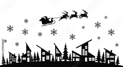 Silhouette of santa claus in his sleigh pulled by reindeer flying over a snowy town at night