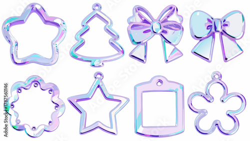 Collection of iridescent christmas ornaments including stars trees bows and floral shapes on white background silhouette