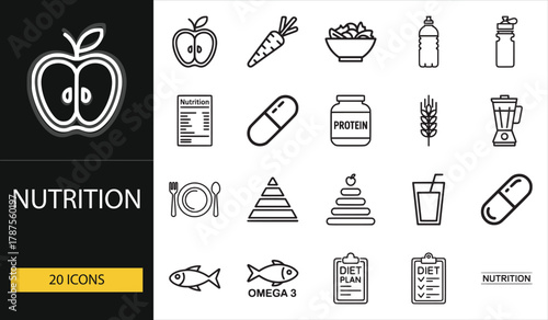Nutrition icon set with healthy food, diet, and supplement visuals. Perfect for health, wellness, and diet planning projects.