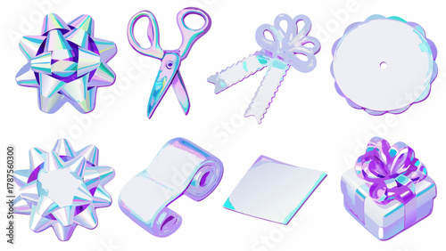 Collection of iridescent gift wrapping supplies including bows scissors and a wrapped present box item silhouette