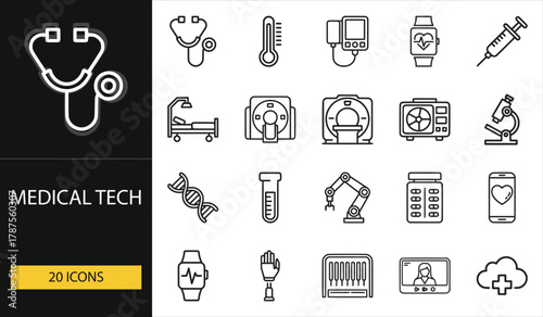 Medical technology icons featuring devices, diagnostics, DNA, and robotics. Perfect for health innovation, biotechnology, and research visuals