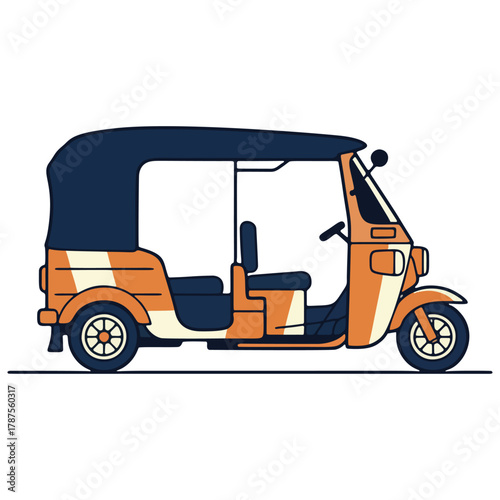 Colorful orange and blue tuk-tuk auto rickshaw vector illustration.