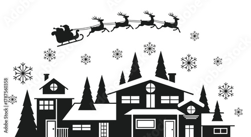 Silhouette of santa claus flying in his sleigh pulled by reindeer over a snowy village at night