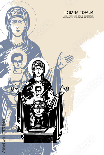 Religious vintage poster template with Inexhaustible Cup. Blessed Virgin Mary and Jesus Christ. Christian illustration in Byzantine style