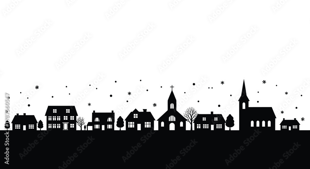 Fototapeta premium Black silhouette of a charming small town skyline with varied buildings and trees against a white background