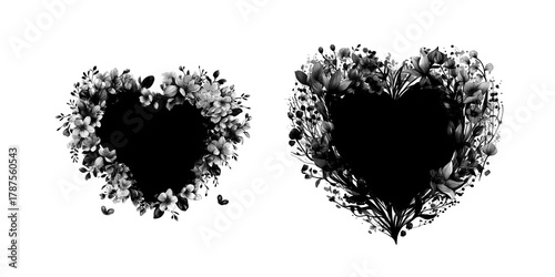 Floral spring heart- masks. Romantic clip art black and white universal use